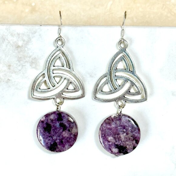 2/$20, Genuine Violet Charoite Triqueta Sterling Silver Dangle Earrings - Picture 2 of 9